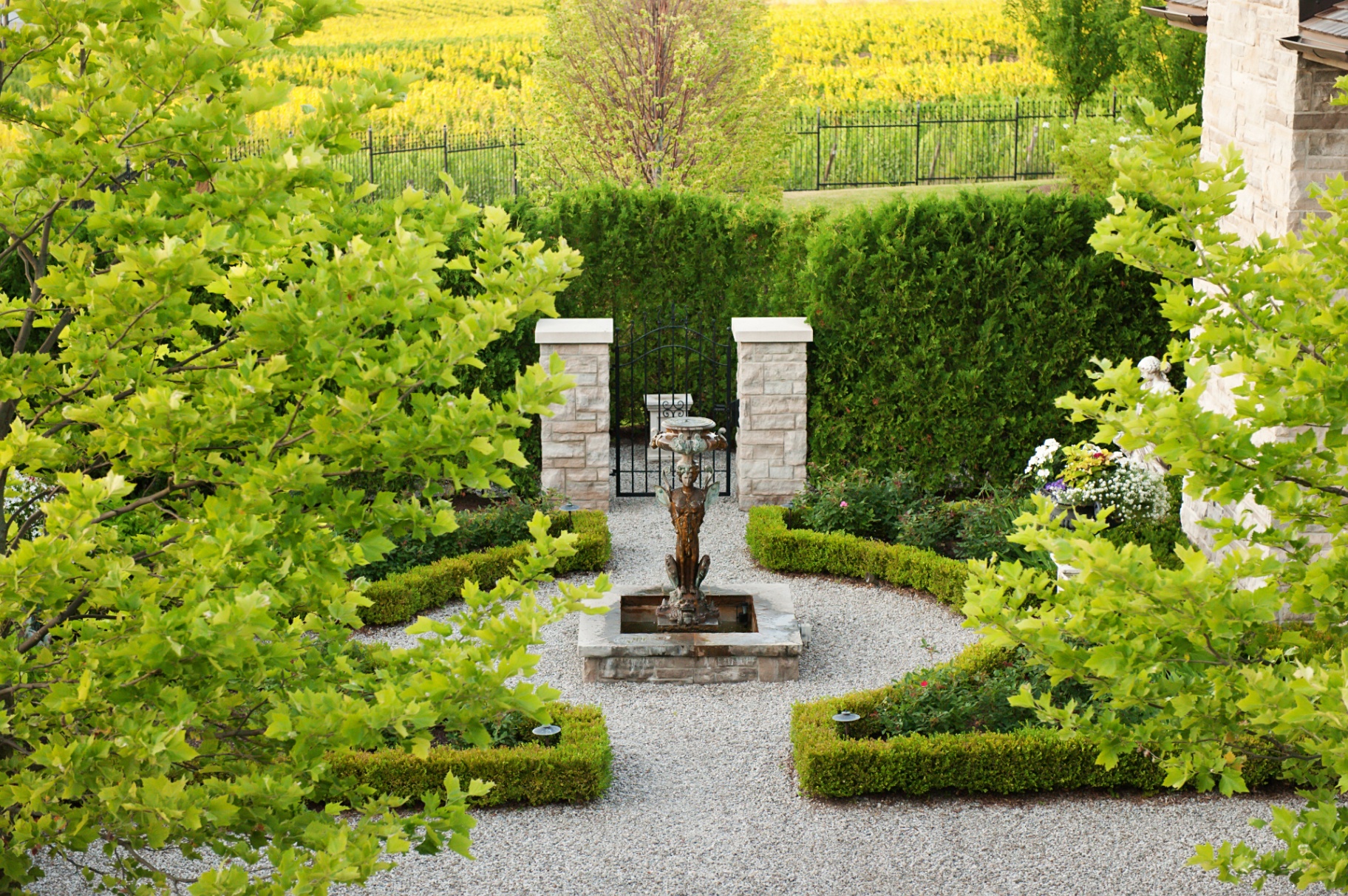 Formal fountain garden overlooking the vineyard