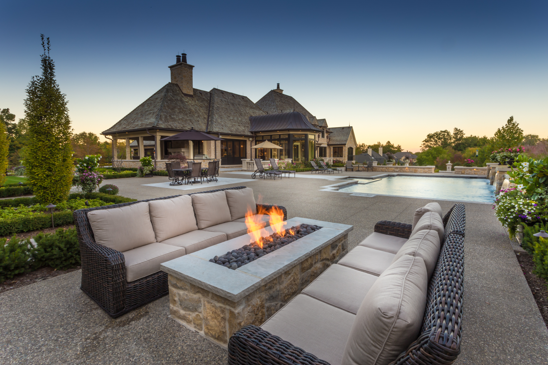 Modern Chateau — POOLSIDE FIREPIT LOUNGE
