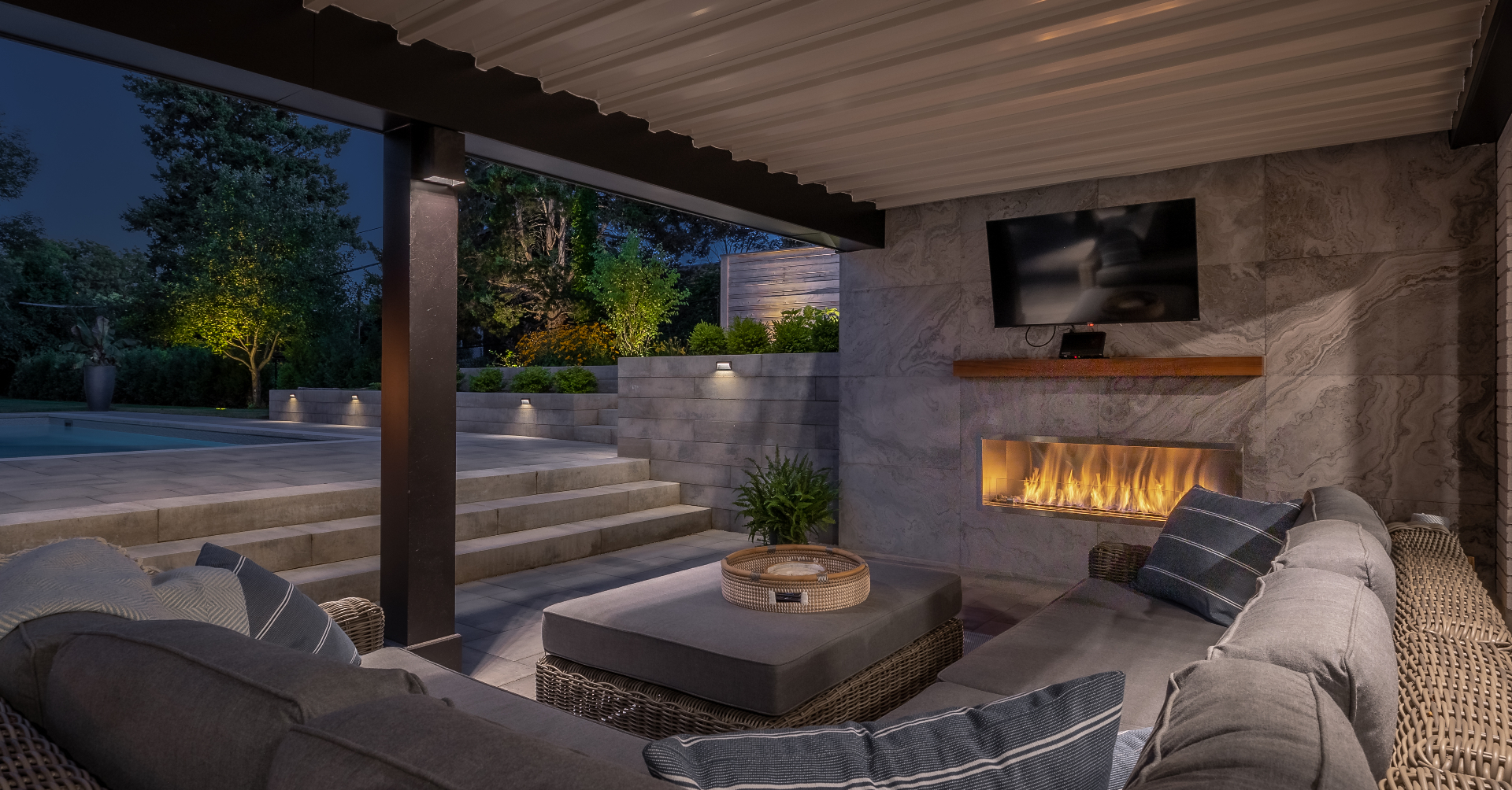 Poolside fireplace surround
