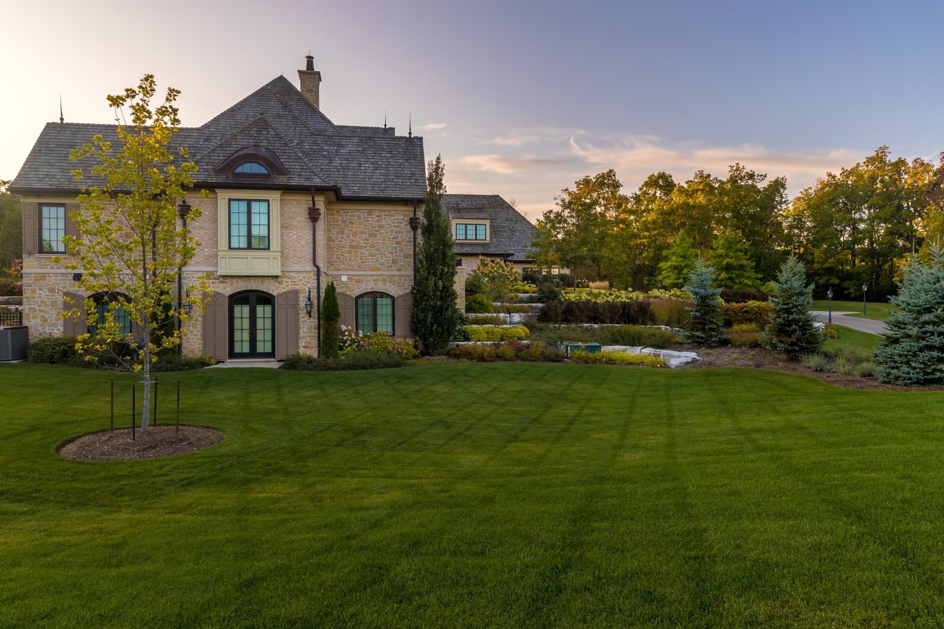 Manicured lawn and estate landscaping