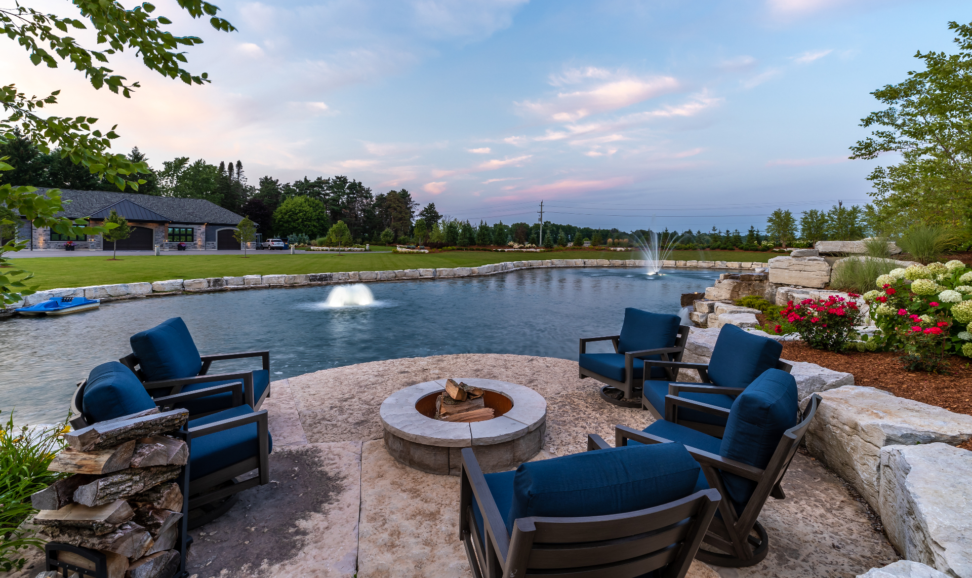 Custom stone firepit lounge