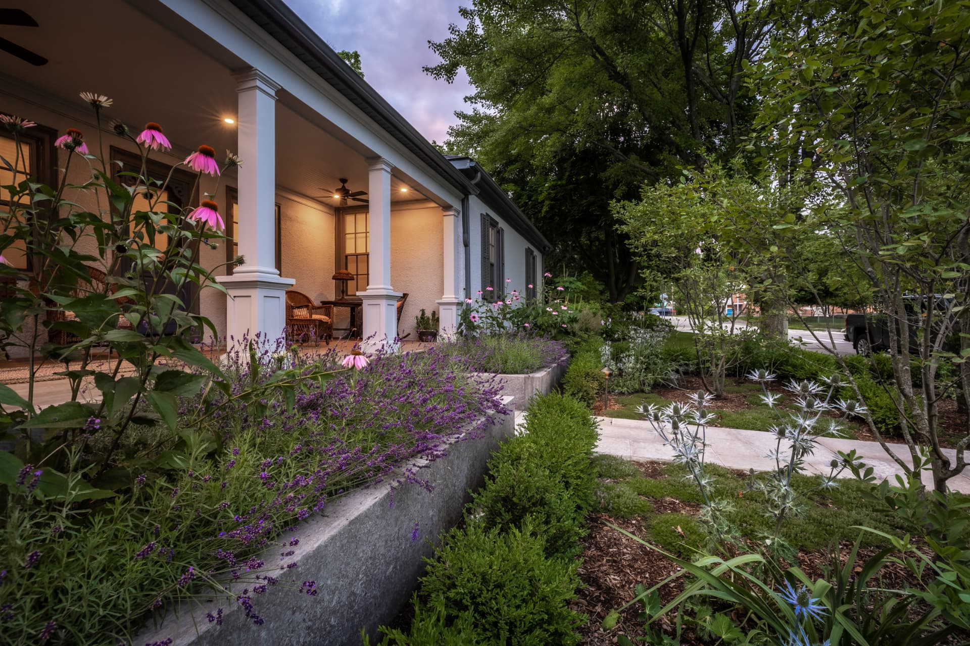 Front garden beds and pathway lighting maintained to perfection