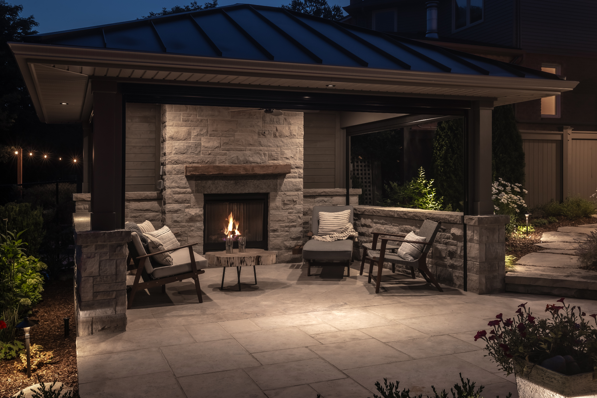Stone fireplace pavilion
