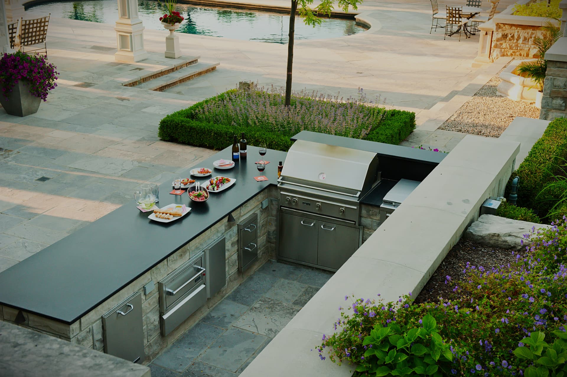 Stone kitchen with an extended granite dining counter